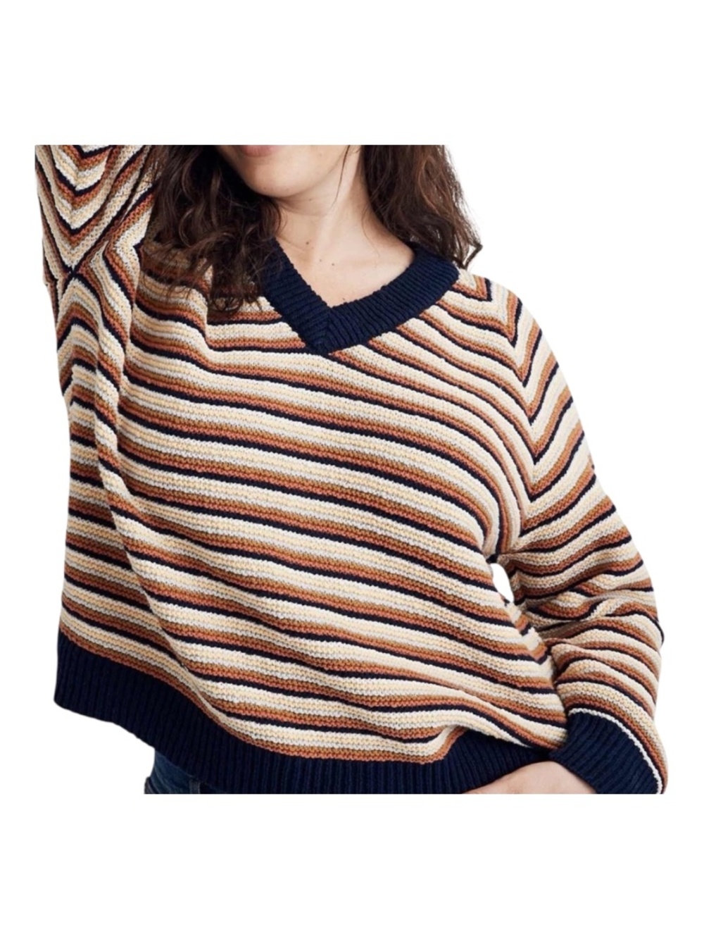 Madewell Arden Striped V-Neck Cotton Sweater Small Coastal Preppy Fall